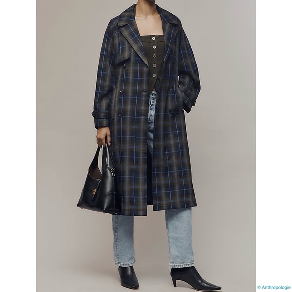 NWT Avec Les Filles Navy Blue Plaid Belted Trenchcoat (Oversize Fit) - Picture 3 of 8
